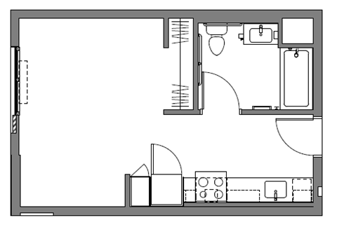 Floor plan for studio, 1 bath, 399 sqft